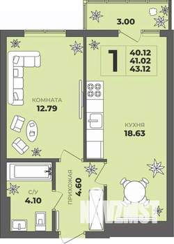 1-к квартира, строящийся дом, 41м2, 5/8 этаж