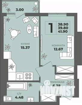 1-к квартира, строящийся дом, 40м2, 8/8 этаж