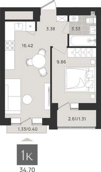 1-к квартира, вторичка, 35м2, 9/9 этаж