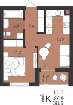 1-к квартира, вторичка, 37м2, 1/9 этаж