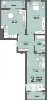 2-к квартира, строящийся дом, 64м2, 1/8 этаж