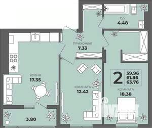 2-к квартира, строящийся дом, 62м2, 3/8 этаж