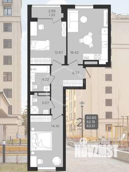 2-к квартира, вторичка, 64м2, 5/9 этаж