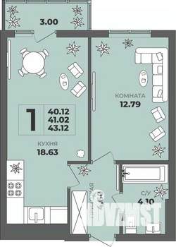 1-к квартира, строящийся дом, 41м2, 5/8 этаж
