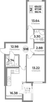 2-к квартира, строящийся дом, 68м2, 9/10 этаж