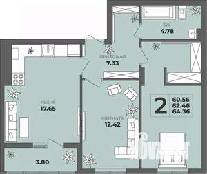 2-к квартира, строящийся дом, 62м2, 1/8 этаж
