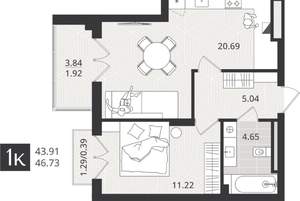 1-к квартира, сданный дом, 44м2, 4/4 этаж