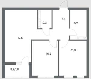2-к квартира, строящийся дом, 56м2, 9/18 этаж