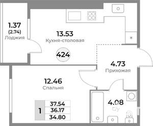 1-к квартира, строящийся дом, 36м2, 5/10 этаж