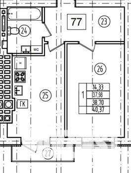 1-к квартира, строящийся дом, 39м2, 3/9 этаж