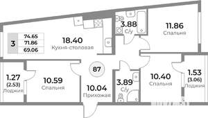 3-к квартира, строящийся дом, 72м2, 3/10 этаж