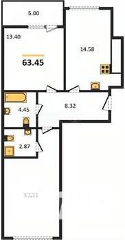 2-к квартира, вторичка, 63м2, 1/9 этаж