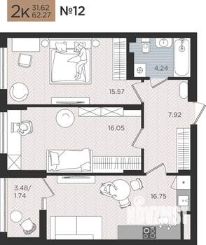 2-к квартира, вторичка, 62м2, 3/10 этаж