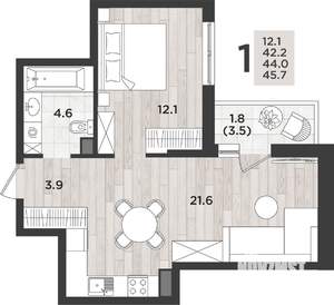 1-к квартира, вторичка, 44м2, 4/12 этаж