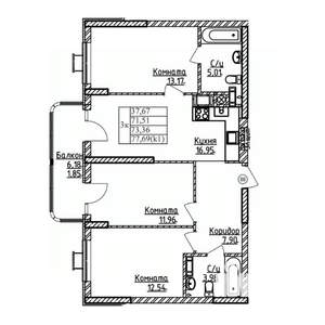 3-к квартира, строящийся дом, 73м2, 3/9 этаж