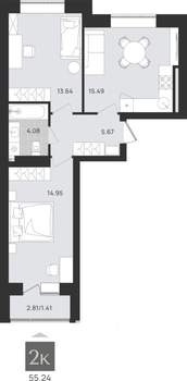 2-к квартира, вторичка, 55м2, 2/9 этаж