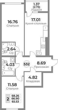 2-к квартира, вторичка, 67м2, 7/10 этаж