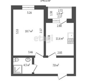 1-к квартира, вторичка, 45м2, 6/10 этаж