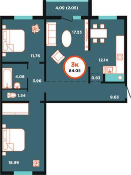 3-к квартира, строящийся дом, 84м2, 9/9 этаж