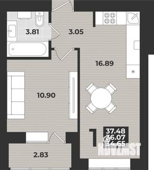 1-к квартира, вторичка, 37м2, 1/9 этаж