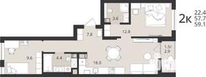 2-к квартира, вторичка, 58м2, 4/9 этаж