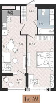 1-к квартира, вторичка, 48м2, 7/10 этаж