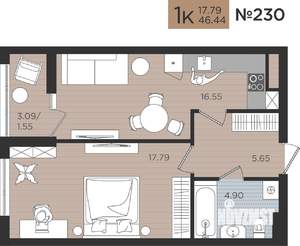 1-к квартира, вторичка, 46м2, 4/10 этаж