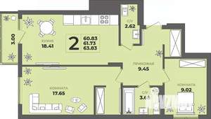 2-к квартира, строящийся дом, 62м2, 5/8 этаж