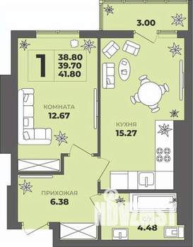 1-к квартира, строящийся дом, 40м2, 6/8 этаж