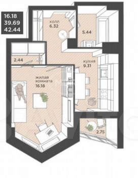 1-к квартира, вторичка, 42м2, 17/25 этаж