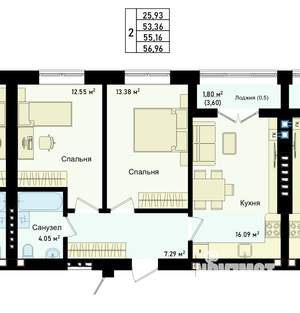 2-к квартира, сданный дом, 57м2, 2/4 этаж
