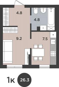 1-к квартира, вторичка, 26м2, 1/9 этаж