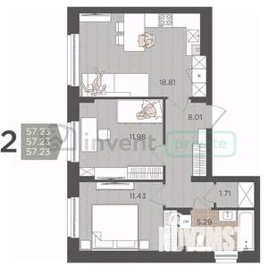 2-к квартира, вторичка, 57м2, 1/9 этаж