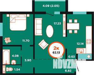 2-к квартира, строящийся дом, 62м2, 5/9 этаж