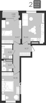 2-к квартира, строящийся дом, 62м2, 2/9 этаж