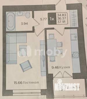 1-к квартира, вторичка, 36м2, 3/9 этаж