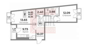 2-к квартира, вторичка, 55м2, 9/10 этаж