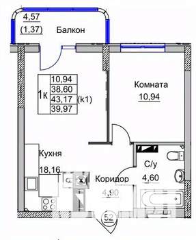 1-к квартира, вторичка, 40м2, 7/9 этаж