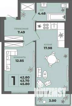 1-к квартира, строящийся дом, 44м2, 2/8 этаж