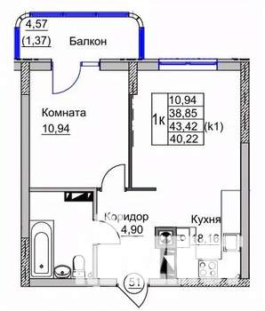 1-к квартира, вторичка, 40м2, 7/9 этаж