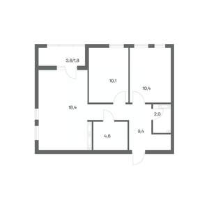 2-к квартира, строящийся дом, 57м2, 4/18 этаж