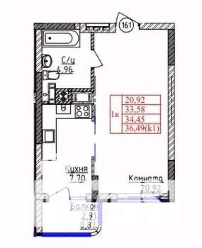 1-к квартира, строящийся дом, 34м2, 1/9 этаж