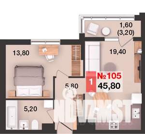 1-к квартира, вторичка, 46м2, 7/15 этаж
