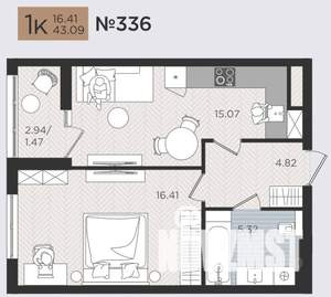 1-к квартира, строящийся дом, 43м2, 3/10 этаж