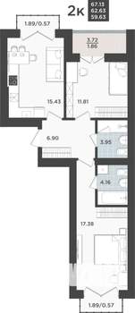 2-к квартира, строящийся дом, 63м2, 10/10 этаж