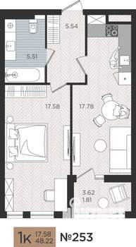 1-к квартира, вторичка, 48м2, 2/10 этаж