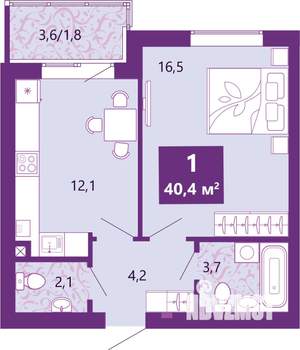 1-к квартира, вторичка, 41м2, 1/4 этаж