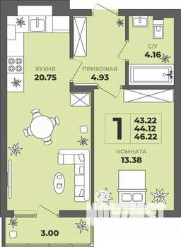 1-к квартира, строящийся дом, 44м2, 1/8 этаж
