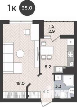 1-к квартира, вторичка, 35м2, 1/9 этаж