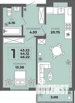 1-к квартира, строящийся дом, 44м2, 1/8 этаж
